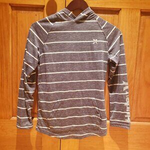 Boys Hurley Hooded Long Sleeve Shirt Size L Grey White Stripes Logo Surf Soft